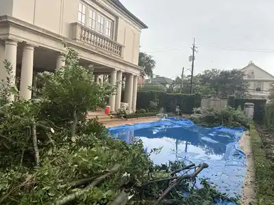 Fallen tree branches being removed from a backyard pool area after tree removal service in New Orleans.